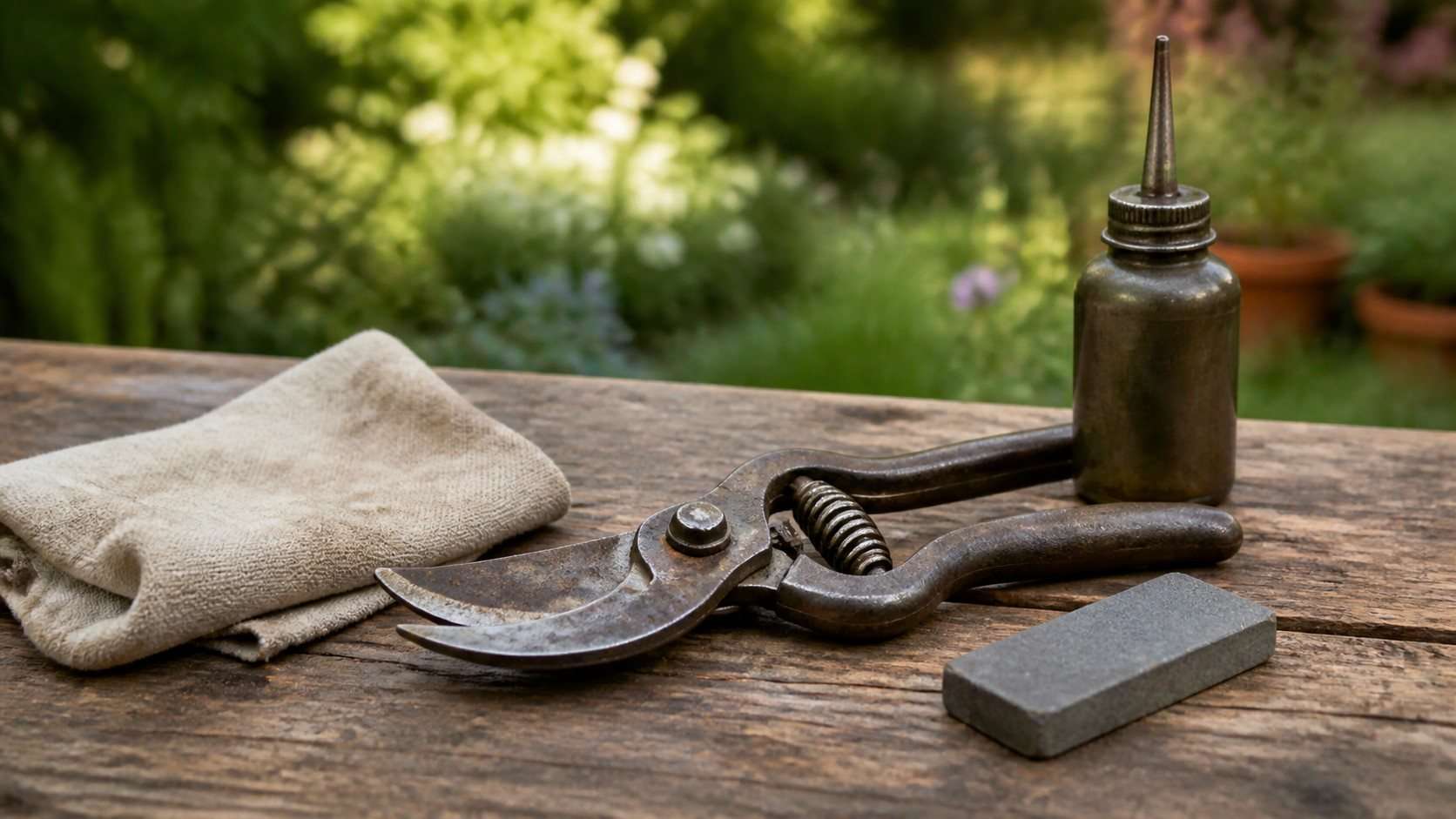 Afilar tijeras de podar en casa: ángulo, piedra y mantenimiento del filo — Imagen 1 Tijeras de podar limpias junto a una piedra de afilar sobre una mesa de jardín