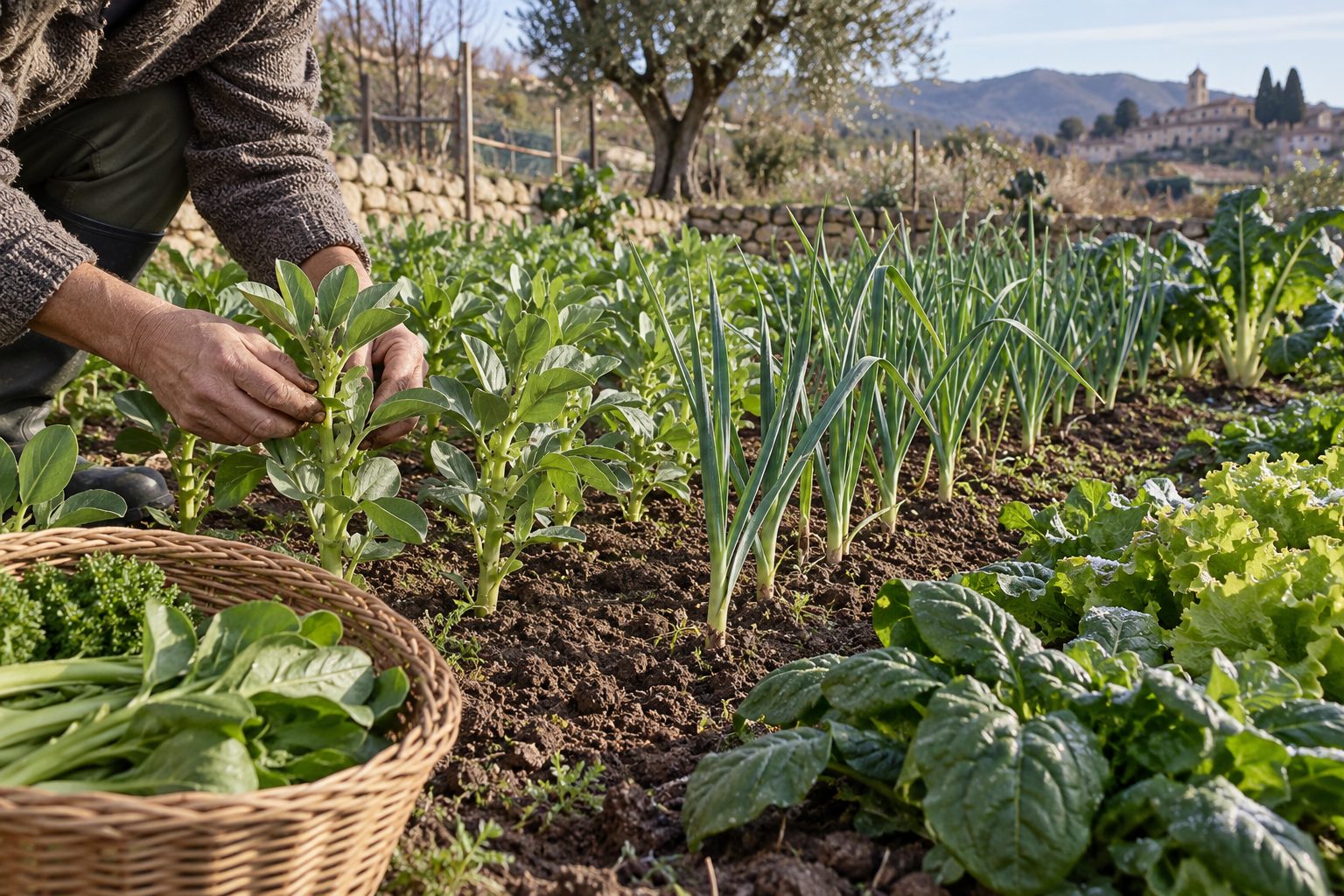 Huerto de invierno con habas, ajos y verduras de hoja